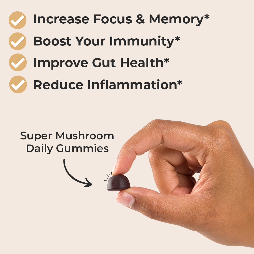 Organic mega mushroom GUMMIES, Super Mushroom Daily Gummies, Increase Focus & Memory, Boost Your Immunity, Improve Gut Health, Reduce Inflamation, Hand Holding Mushroom Gummy